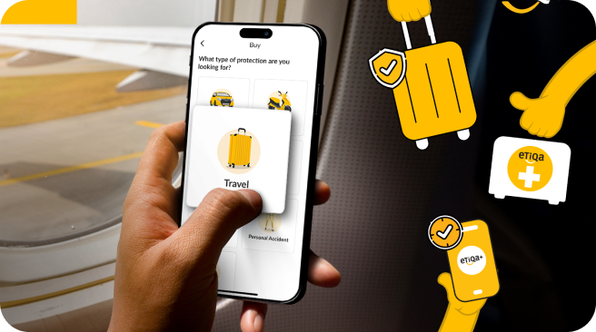 Infographic showing Etiqa TripCare360 coverage benefits – medical, flight delay, baggage loss.