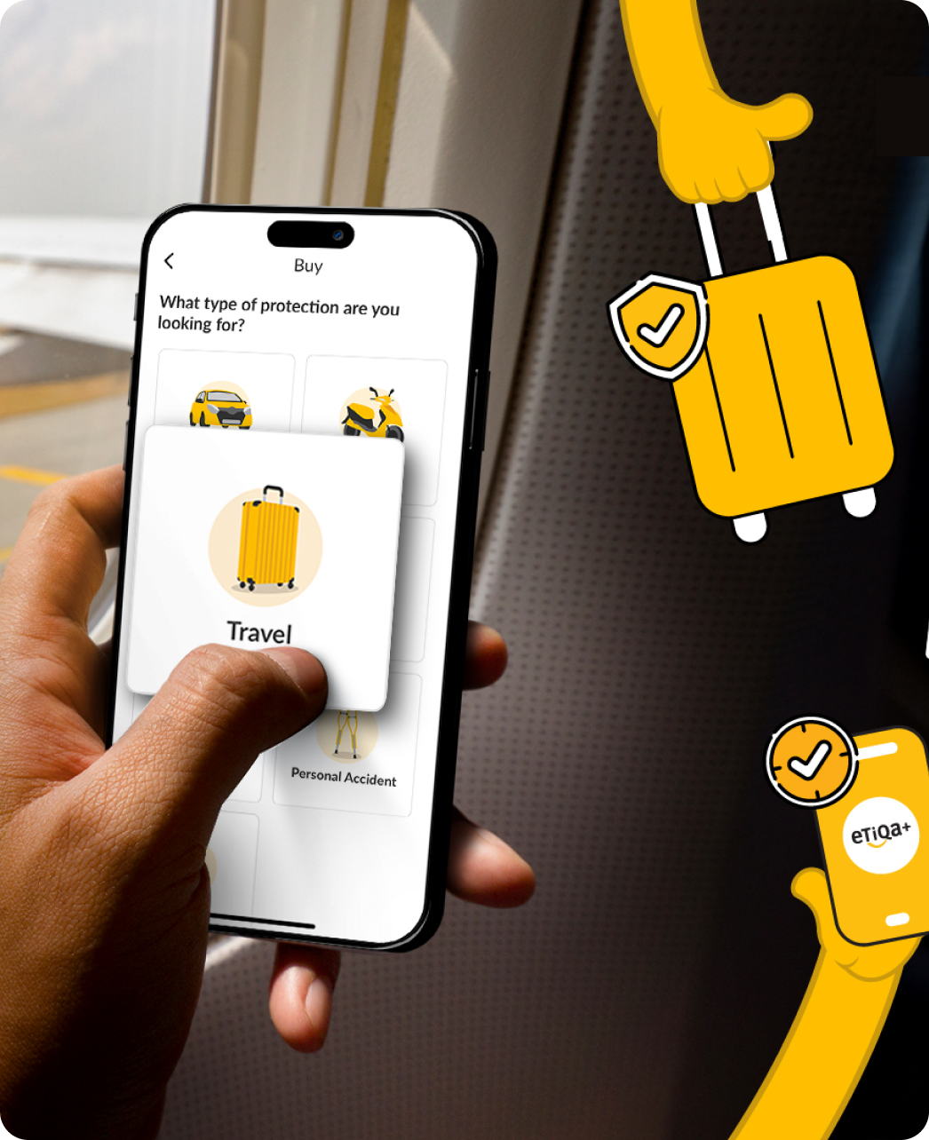 Infographic showing Etiqa TripCare360 coverage benefits – medical, flight delay, baggage loss.